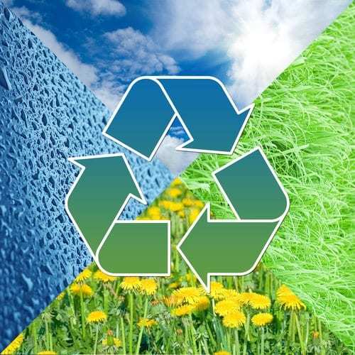 Recycling symbol in front of four images of nature - sky, water, grass, flowers