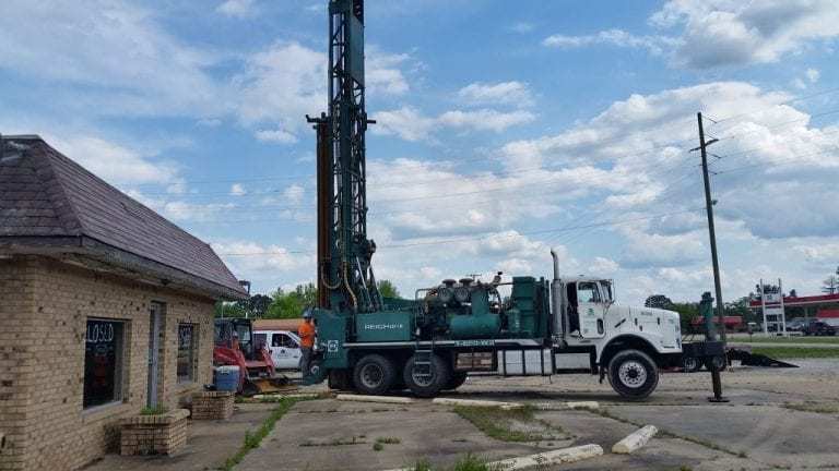 EWI’s air rotary rig installing monitoring wells at a former tank site in eastern Missouri