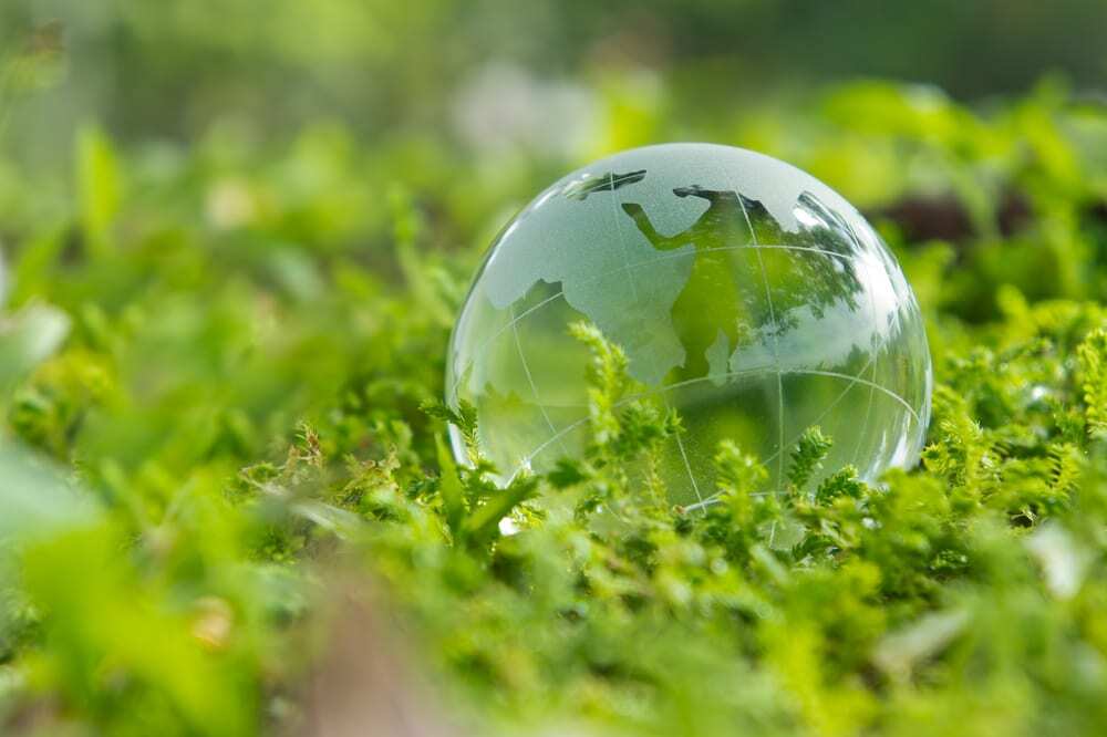 Glass model of globe sitting in the grass