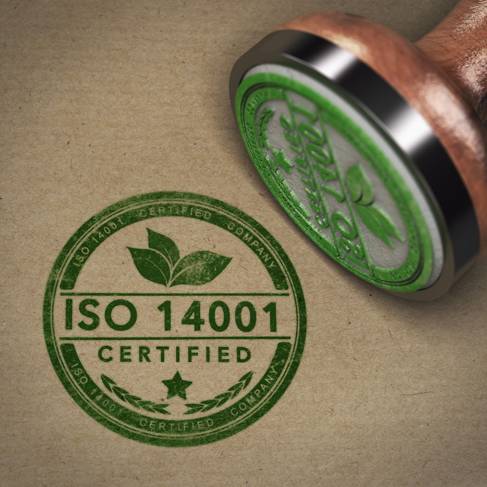 ISO 14001 stamp, which has been stamped on brown paper