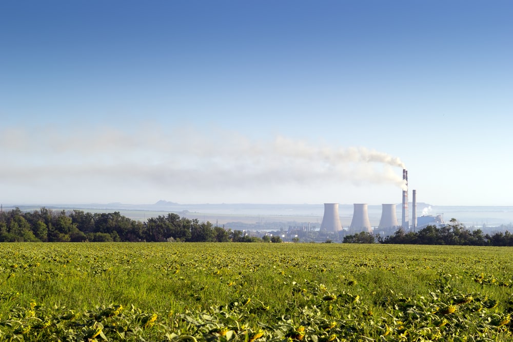 thermoelectric power station in distance, field of sunflowers